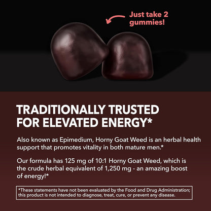 Horny Goat Weed Gummies with Vitamin B12, Raspberry Flavor, 30 Servings | Vegan, Non-GMO Horny Goat Weed Gummies to Support Drive, Vitality and Performance for Men, 60 Count, 1-Month Supply