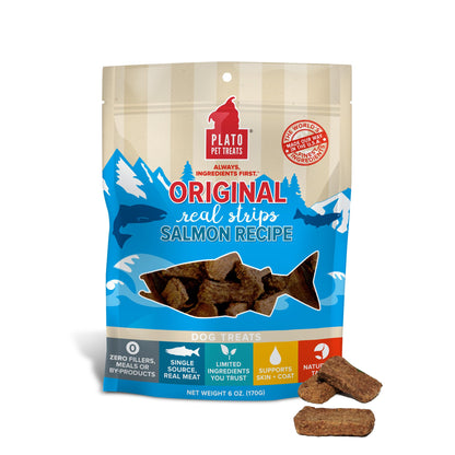Plato Real Strips Salmon Recipe Dog Treats, Air-Dried High-Protein Soft Strips, Omega-Rich Skin & Coat Support, 18 oz