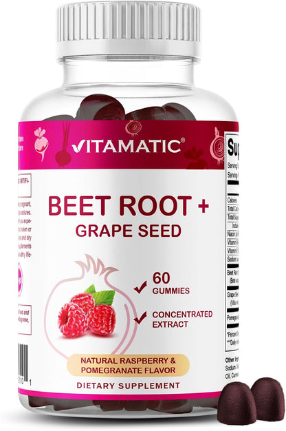 Vitamatic Beet Root Gummies with B6, B12, Grape Seed, Pomegranate & Nicotinamide – Plant-Based Extract – Vegan, Non-GMO – Botanical Supplement Gummies – 60 Count