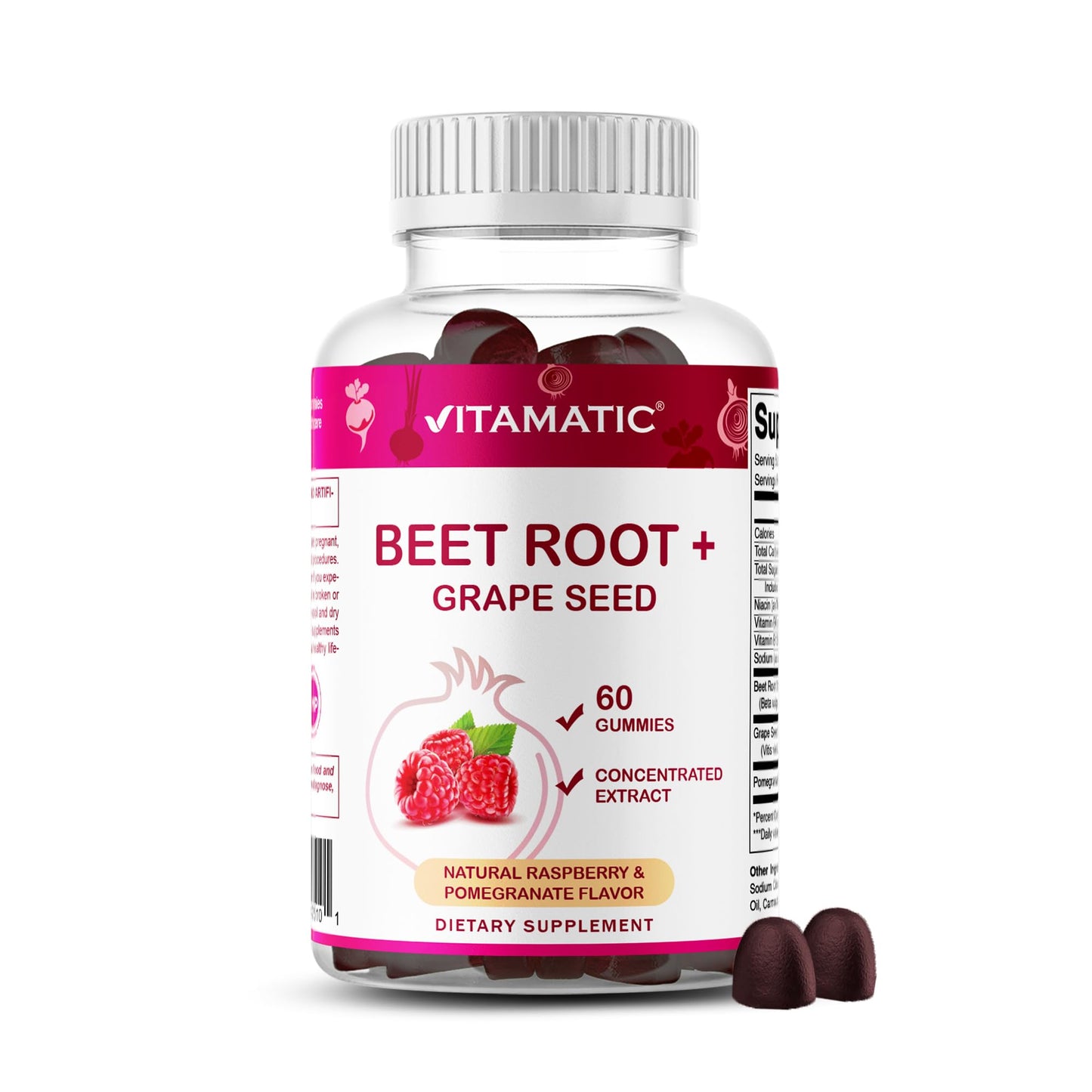 Vitamatic Beet Root Gummies with B6, B12, Grape Seed, Pomegranate & Nicotinamide – Plant-Based Extract – Vegan, Non-GMO – Botanical Supplement Gummies – 60 Count