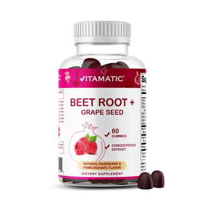 Vitamatic Beet Root Gummies with B6, B12, Grape Seed, Pomegranate & Nicotinamide – Plant-Based Extract – Vegan, Non-GMO – Botanical Supplement Gummies – 60 Count