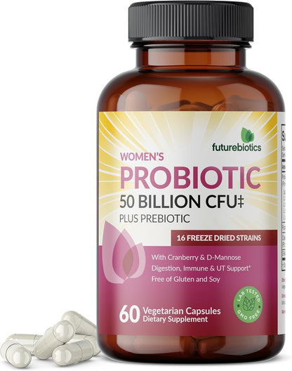 Futurebiotics Women's Probiotic 50 Billion CFU + Prebiotic with Cranberry & D-Mannose – Digestion Immune and Urinary Tract Support, Non-GMO, 60 Vegetarian Capsules