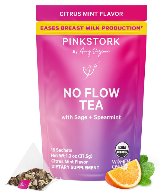 Pink Stork No Flow Organic Sage Tea, Floral Mint Flavor, 15 Sachets | Dry Up Breast Milk Supply, Ease Milk Production, Wean Lactation Naturally, Hot or Iced, Postpartum Essentials