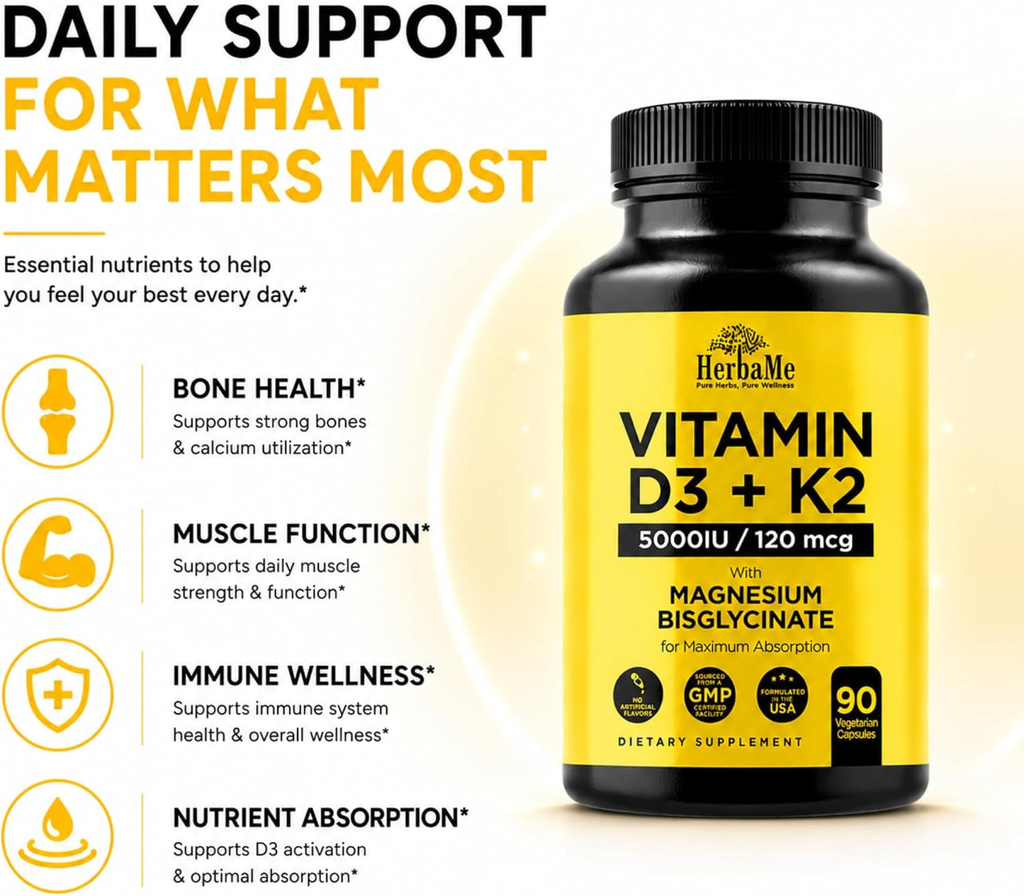 HerbaMe Vitamin D3 5000 IU + K2 with Magnesium Bisglycinate | Complete D3 Activation & Absorption Support Formula | Bone, Muscle & Immune Wellness | 90 Capsules