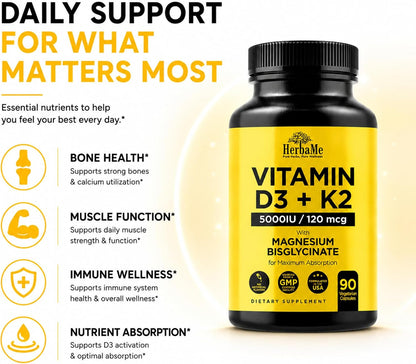 HerbaMe Vitamin D3 5000 IU + K2 with Magnesium Bisglycinate | Complete D3 Activation & Absorption Support Formula | Bone, Muscle & Immune Wellness | 90 Capsules