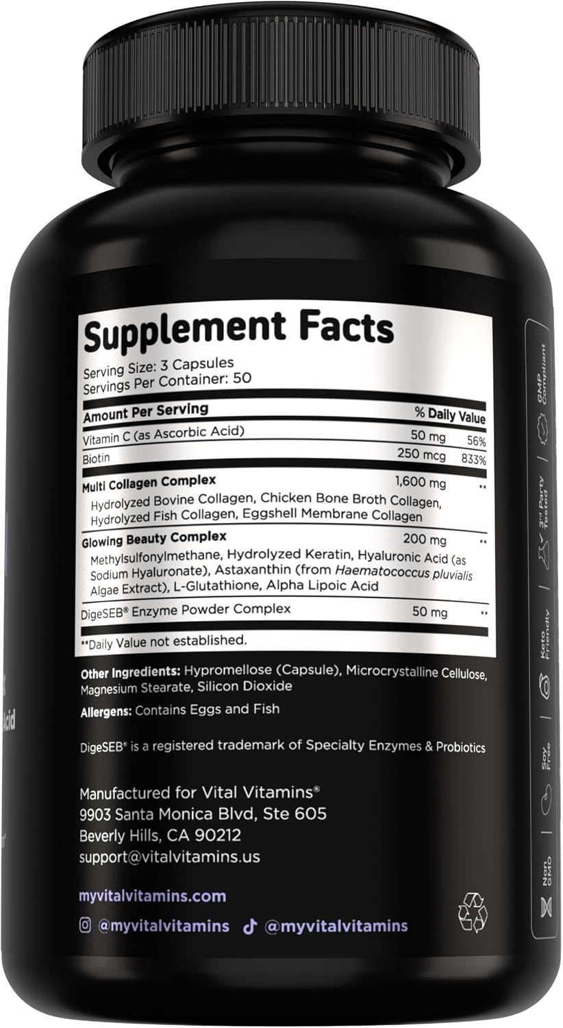 Vital Vitamins Multi Collagen Complex Plus Biotin, Hyaluronic Acid & VIT. C | Hair, Skin, & Nails Supplements for Women and Men, 5 Collagen Types I II III V & X, 150 Capsules