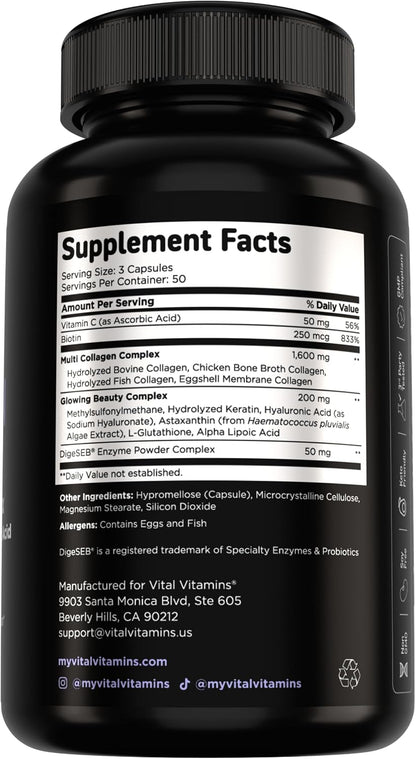 Vital Vitamins Multi Collagen Complex Plus Biotin, Hyaluronic Acid & VIT. C | Hair, Skin, & Nails Supplements for Women and Men, 5 Collagen Types I II III V & X, 150 Capsules