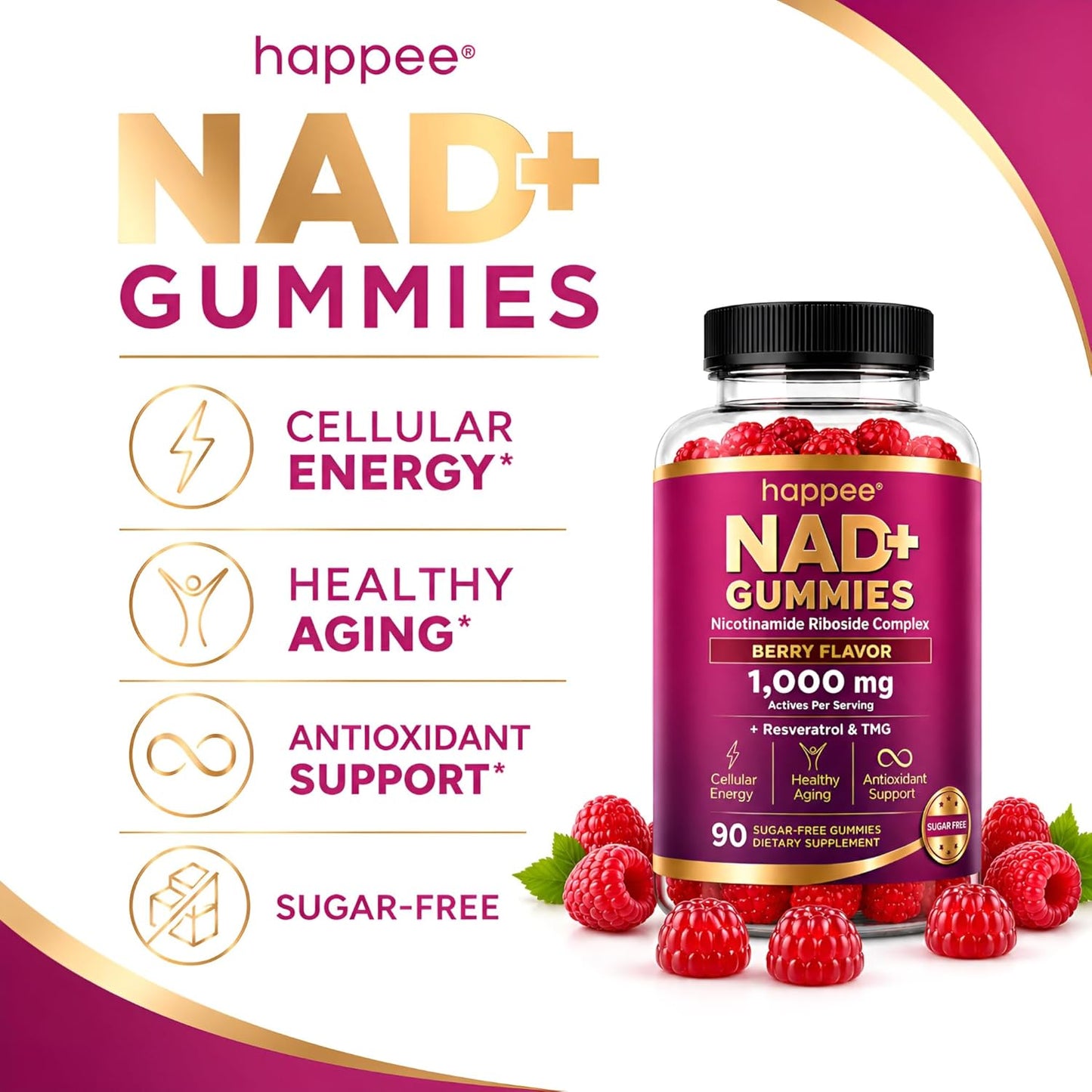 Happee NAD+ Gummies Supplement for Women & Men, Sugar-Free 1,000mg 90 Ct | Healthy Aging, Energy, & Focus 5-in-1 NAD Plus Resveratrol, Nicotinamide Riboside 500mg NR, TMG, Quercetin, & CoQ10