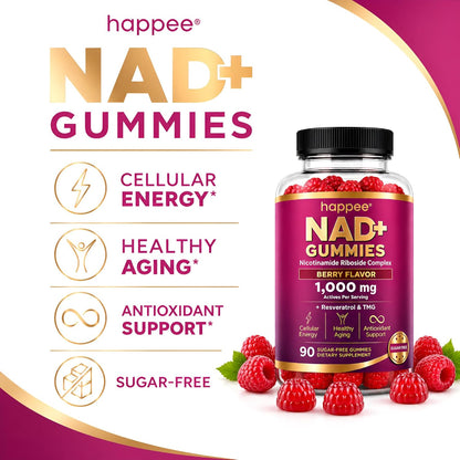Happee NAD+ Gummies Supplement for Women & Men, Sugar-Free 1,000mg 90 Ct | Healthy Aging, Energy, & Focus 5-in-1 NAD Plus Resveratrol, Nicotinamide Riboside 500mg NR, TMG, Quercetin, & CoQ10