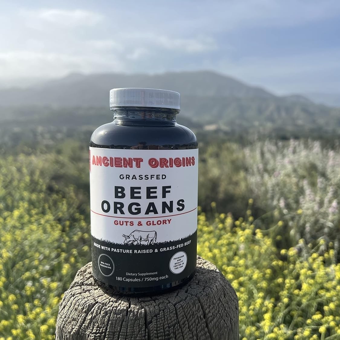 Ancient Origins Grass Fed Beef Organs Supplement 4500 mg - Desiccated Liver, Bone Marrow, Heart, Spleen, Pancreas & Kidney, Non-GMO, Gluten Free, Undefatted (180 Capsules, 750mg Each)