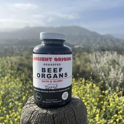 Ancient Origins Grass Fed Beef Organs Supplement 4500 mg - Desiccated Liver, Bone Marrow, Heart, Spleen, Pancreas & Kidney, Non-GMO, Gluten Free, Undefatted (180 Capsules, 750mg Each)