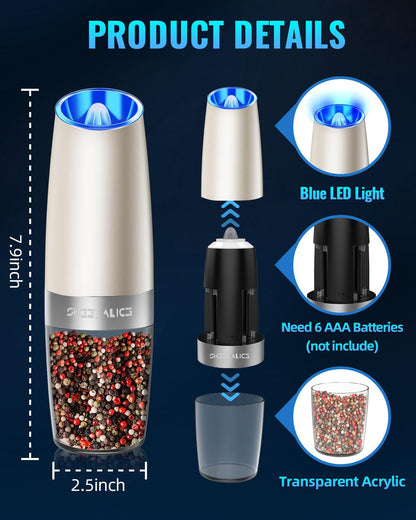 Gravity Electric Pepper and Salt Grinder Set, Adjustable Coarseness, Battery Powered