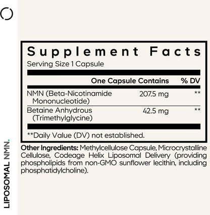 Codeage Liposomal NMN & TMG Supplement - Nicotinamide Mononucleotide NAD+ Precursor, Betaine Anhydrous Trimethylglycine TMG - NSF Certified -Non-GMO - 30 Capsules