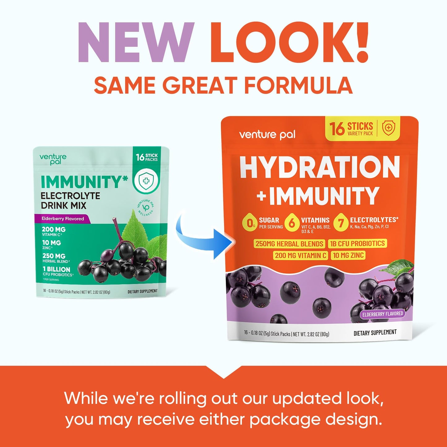 Venture Pal Sugar Free Hydration Packets+Immune-Liquid Daily IV Drink Mix | Electrolyte Powder with 7 Electrolytes & 6 Vitamins, Probiotics + Elderberry | Non-GMO, Keto Friendly, Vegan | 16 Sticks