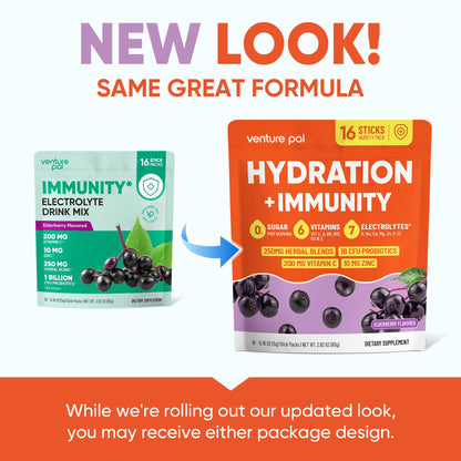 Venture Pal Sugar Free Hydration Packets+Immune-Liquid Daily IV Drink Mix | Electrolyte Powder with 7 Electrolytes & 6 Vitamins, Probiotics + Elderberry | Non-GMO, Keto Friendly, Vegan | 16 Sticks