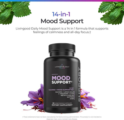 Livingood Daily Mood Support Supplement for Women & Men, 14-in-1 Formula with L Theanine, Lemon Balm, GABA, Saffron, 5-HTP & B12, Supports Focus & Emotional Wellness, Gluten Free, Vegan, 60 Capsules