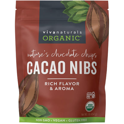 Viva Naturals Organic Cacao Nibs, Unsweetened, 1 LB (454 g), Keto Friendly, Vegan, Non-GMO, Gluten-Free Crunchy Chocolate Chip Substitute