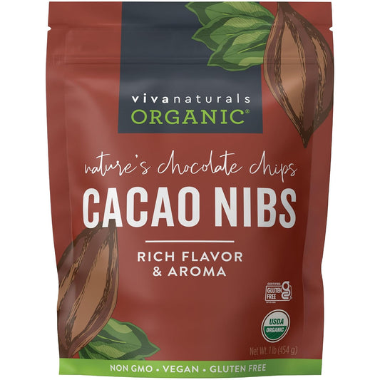Viva Naturals Organic Cacao Nibs, Unsweetened, 1 LB (454 g), Keto Friendly, Vegan, Non-GMO, Gluten-Free Crunchy Chocolate Chip Substitute