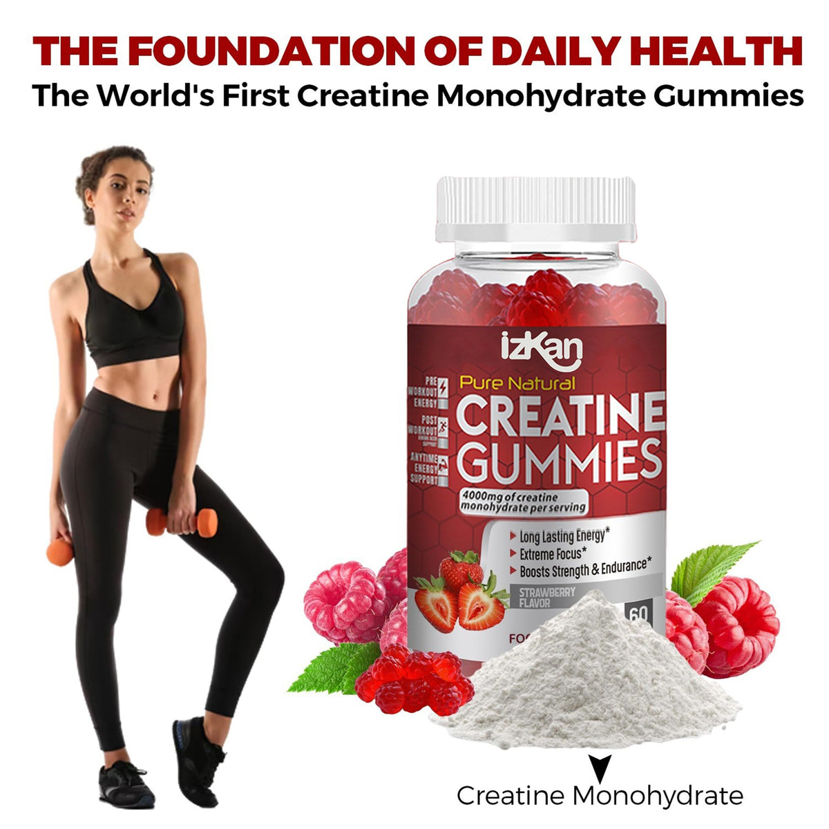 Izkan Pro Creatine Monohydrate Gummies 4000mg for Men & Women - 60 Chewable