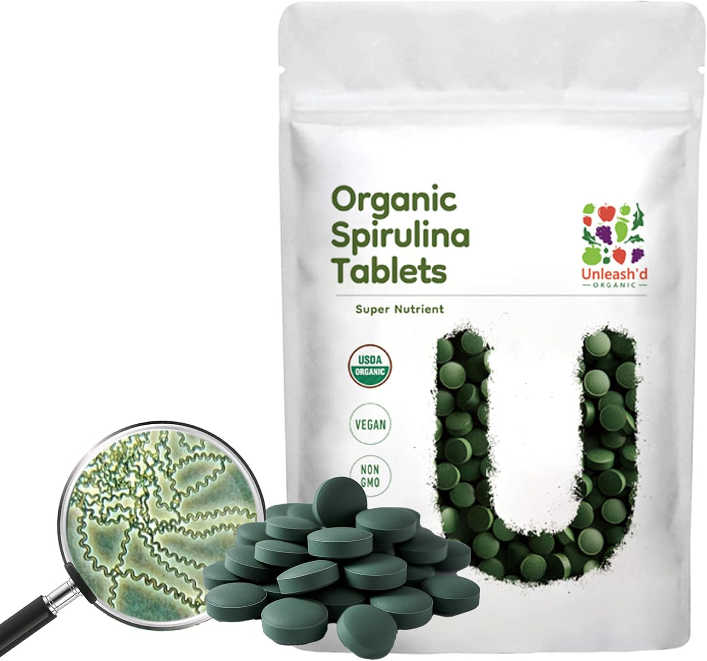 Unleash’d Organic Spirulina Tablets 16 oz – 100% Pure Plant-Based Superfood, Vegan, Non-GMO, Nutrient-Dense Daily Supplement