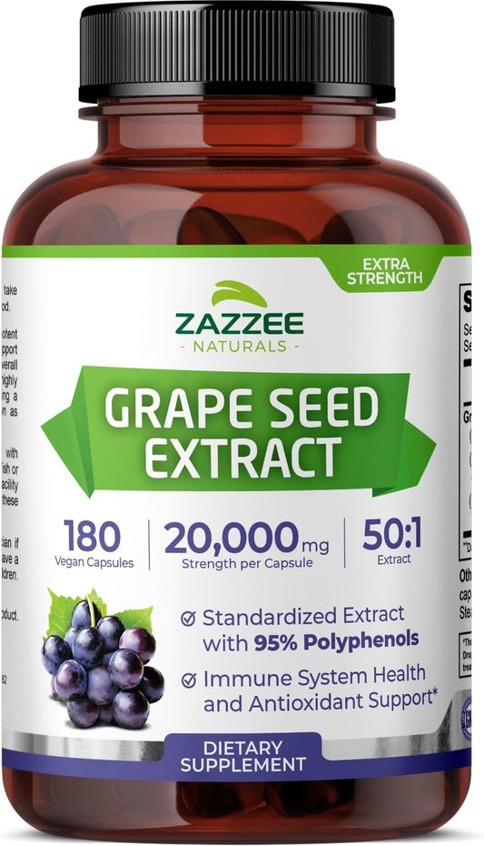 Zazzee High Strength Grape Seed 50:1 Extract, 180 Vegan Capsules, 95% Polyphenols, 400 mg per Capsule, 6 Month Supply, Antioxidant, Circulation & Blood Flow Support, Non-GMO, Made in the USA