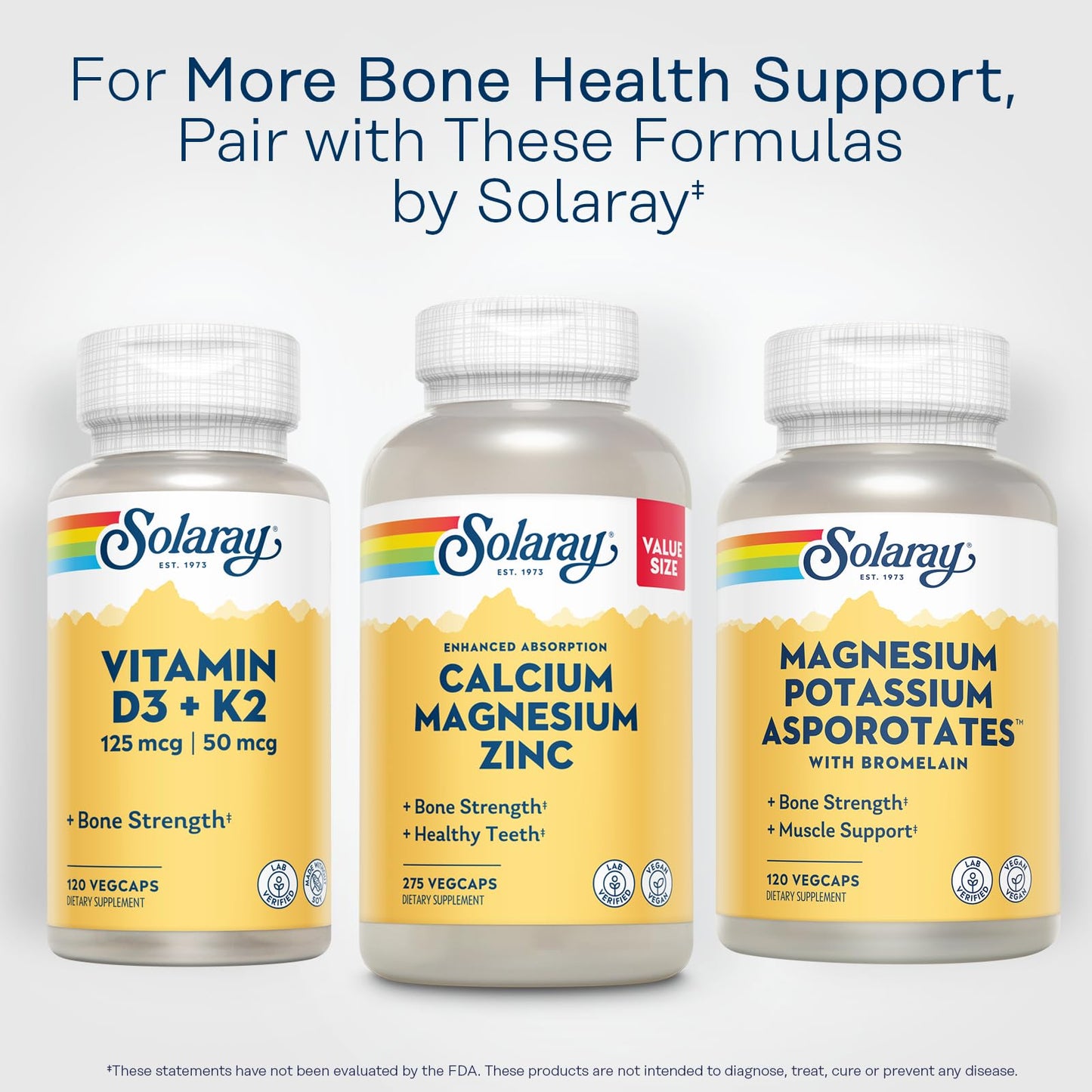 SOLARAY Calcium Magnesium Zinc Supplement - with Calcium 1000mg, Magnesium 500mg - Bone Health, Muscle Function, Heart Health and Immune Support - Vegan, 60 Day Guarantee, 68 Servings, 275 VegCaps