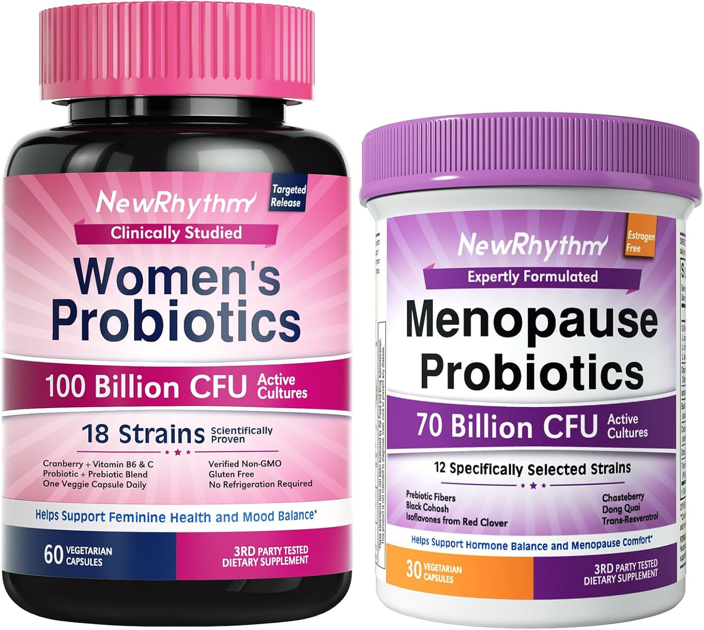 NewRhythm Women's Premium Bundle: Vaginal Health with P-5-P & Vitamin C + Menopause Relief with Botanicals, 18 Strains, 90 Capsules