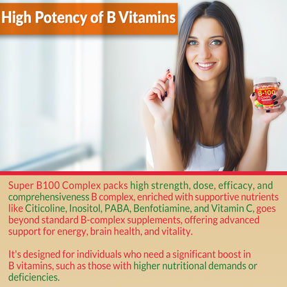 Super Vitamin B Complex Gummies - Methylated B Complex for Women & Men, All B Vitamins, Methyl B12, Methylfolate, Vitamin C, Choline, Inositol, PABA for Energy, Brain & Immune, 0g Sugar, Vegan, 60 Cts