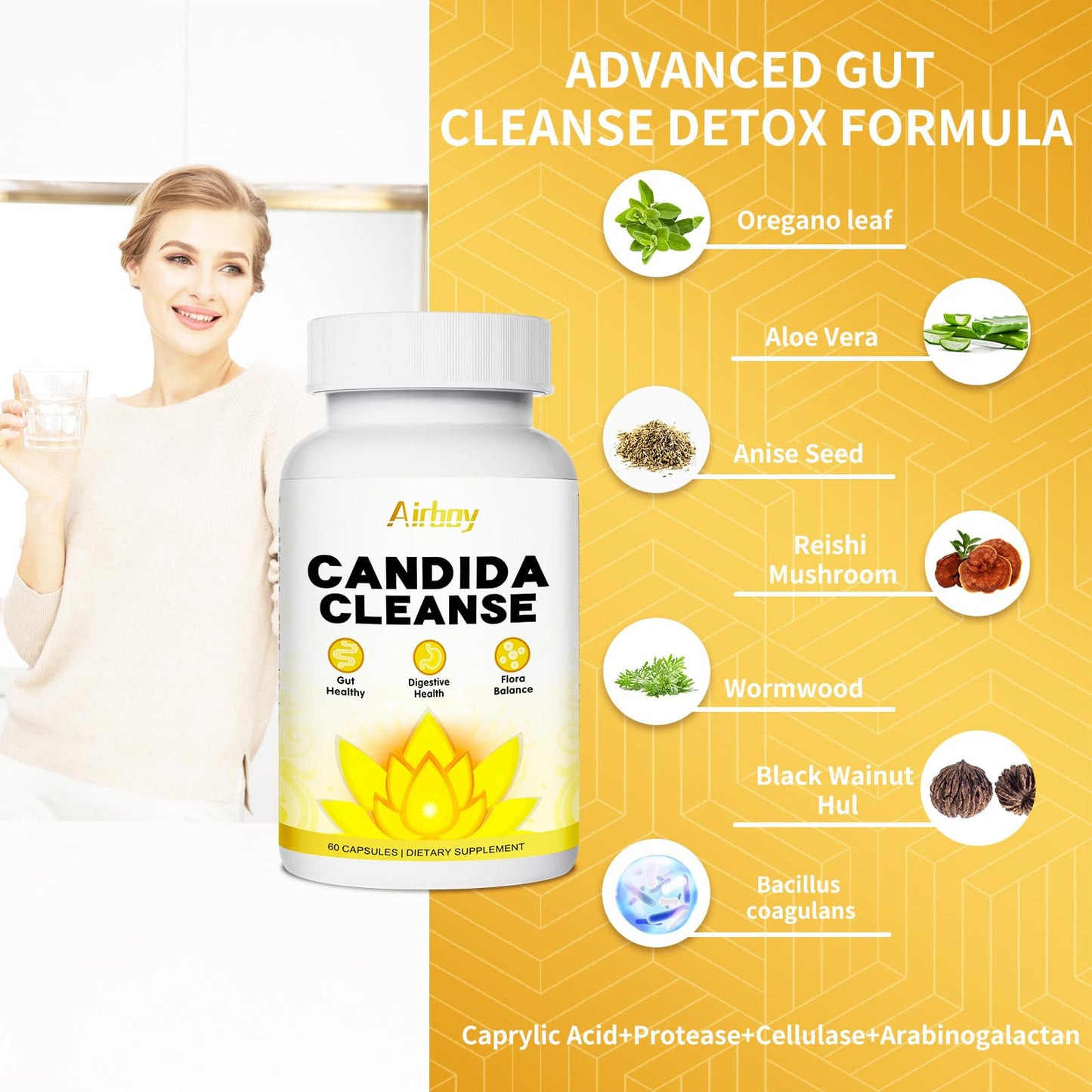 Airboy Candi Support,Gut Colon Cleanse Detox for Women & Men,Candi Support with Oregano Leaf, Caprylic Acid，Wormwood, Black Walnut-60 Counts x 2 Pack