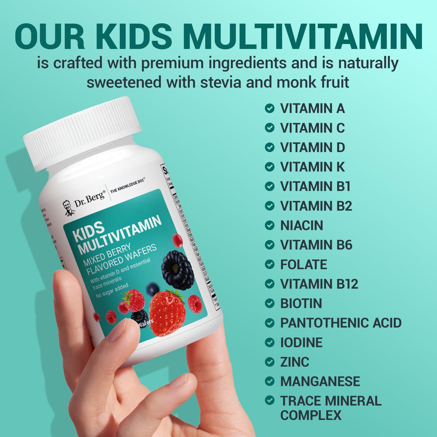 Dr. Berg Kids Chewable Multivitamins (NOT Sweetened w/Sugar) - Daily Multivitamin for Kids that Includes 20 Nutrients & Trace Mineral Complex - Mixed Berry Chewable Vitamins for Kid - Red Wafers