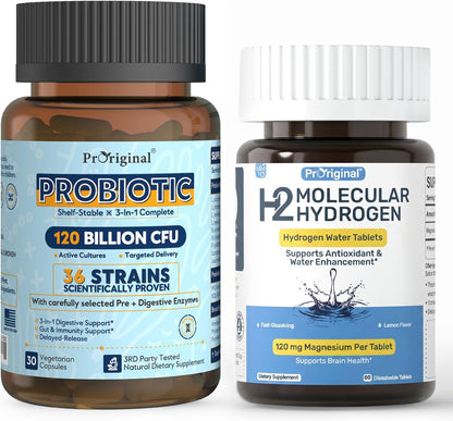 Hydrogen Water Tablets + Probiotics Capsules Bundle, 12 PPM H2 Hydrogen Tablets & 36 Strain Probiotics 120 Billion CFU | Daily Supplement Routine | 2 Items