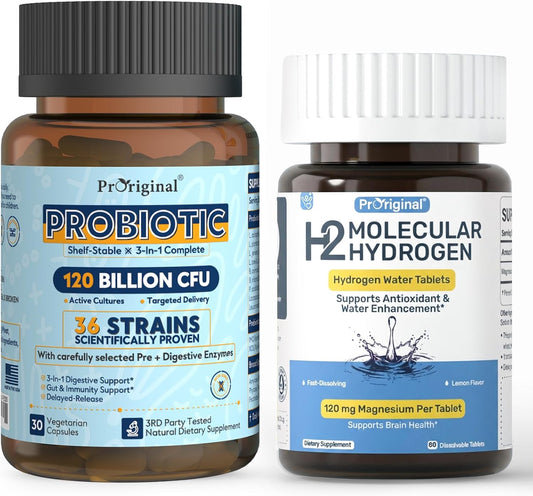 Hydrogen Water Tablets + Probiotics Capsules Bundle, 12 PPM H2 Hydrogen Tablets & 36 Strain Probiotics 120 Billion CFU | Daily Supplement Routine | 2 Items