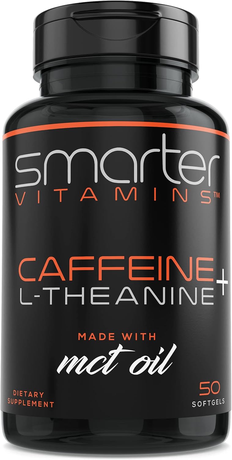 Caffeine Pills 200mg with 100mg L-Theanine & Coconut MCT Oil, 50 Softgels | 2:1 Caffeine-to-L-theanine ratio for smooth energy and focus, one daily softgel, non-GMO, easy-to-swallow, third-party tested