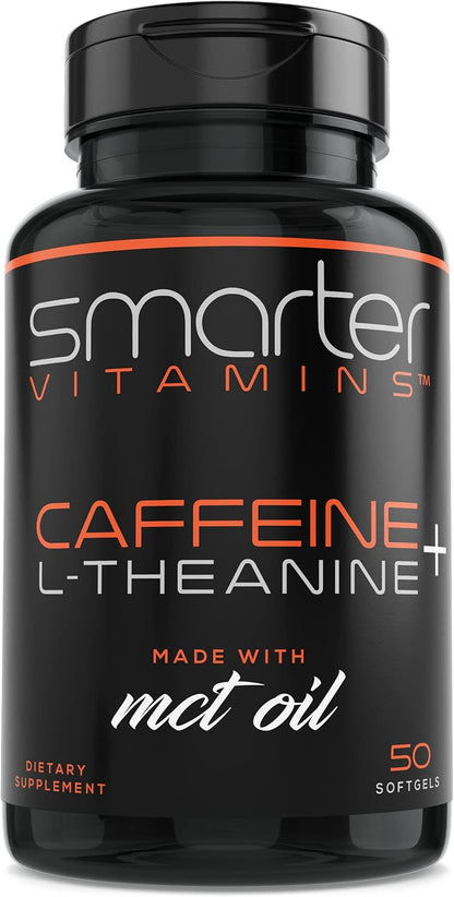 Caffeine Pills 200mg with 100mg L-Theanine & Coconut MCT Oil, 50 Softgels | 2:1 Caffeine-to-L-theanine ratio for smooth energy and focus, one daily softgel, non-GMO, easy-to-swallow, third-party tested