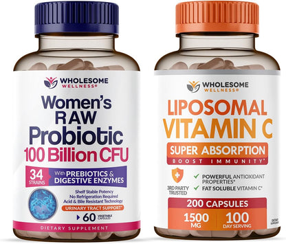 Wholesome Wellness Probiotics for Women 100 Billion CFUs with Prebiotics, Digestive Enzymes + Liposomal Vitamin C Capsules High Absorption, Ascorbic Acid Supplement Bundle