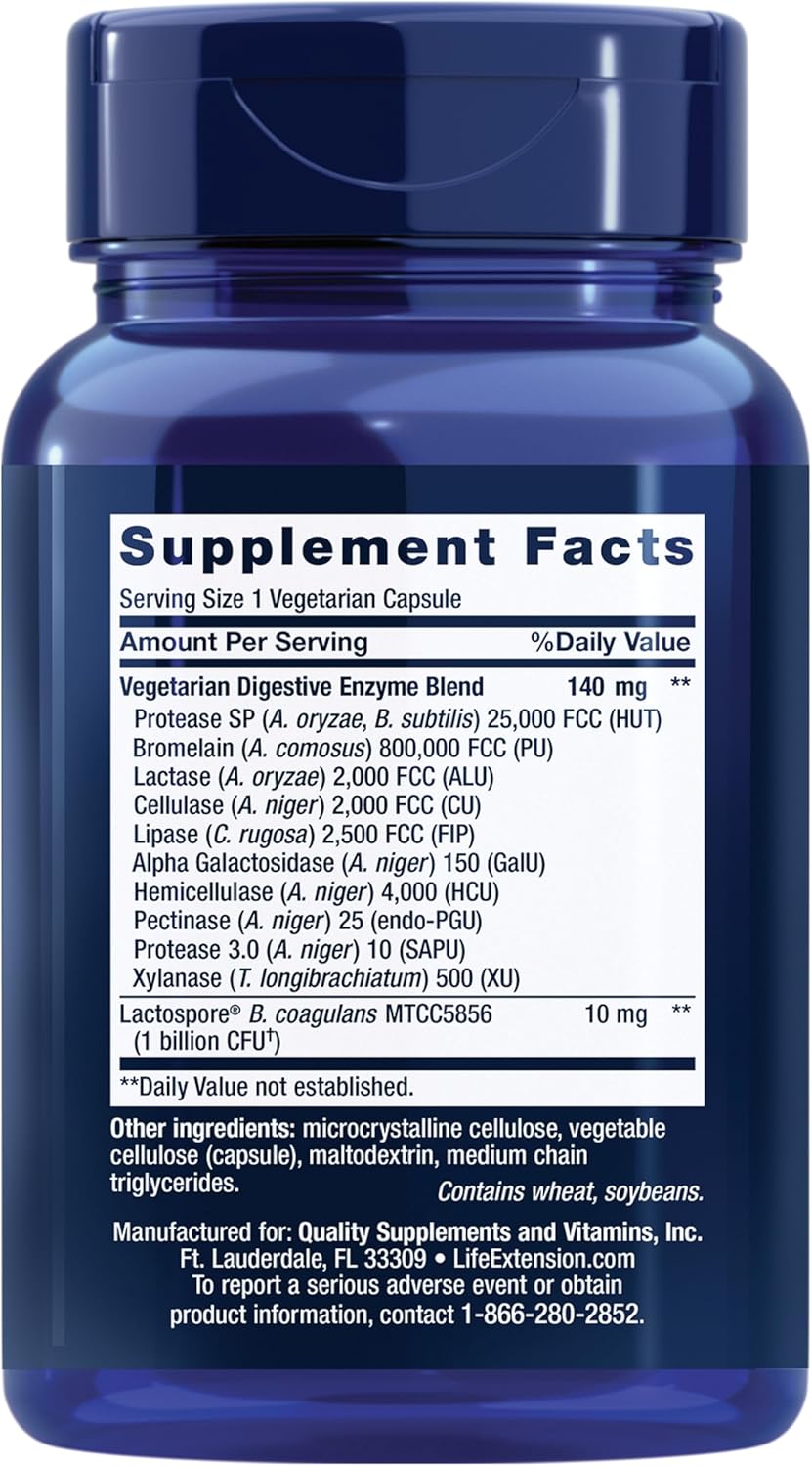 Life Extension Enhanced Super Digestive Enzymes and Probiotics, 60 Capsules | B. Coagulans Probiotic & Blend of 10 Digestive Enzymes, Supports Digestion, Comfort & GI Balance for Plant-Based Diets