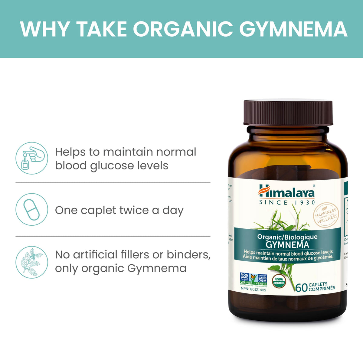Himalaya USDA Organic Gymnema Sylvestre Supplement, 700mg, 60 Caplets
