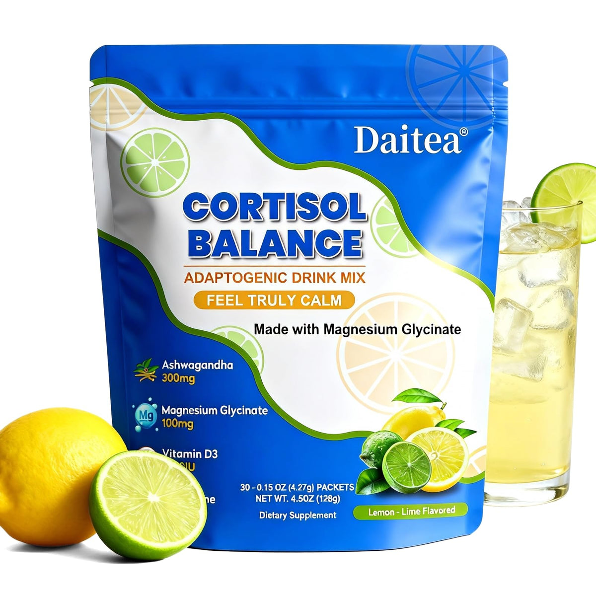 Cortisol Calm Drink Mix with Magnesium Glycinate Powder, L-Theanine, Vitamins, and Ashwagandha for Relaxation & Focus | Adaptogen Drink & Cortisol Support | 30 Packets (Raspberry & Lemon Flavor)