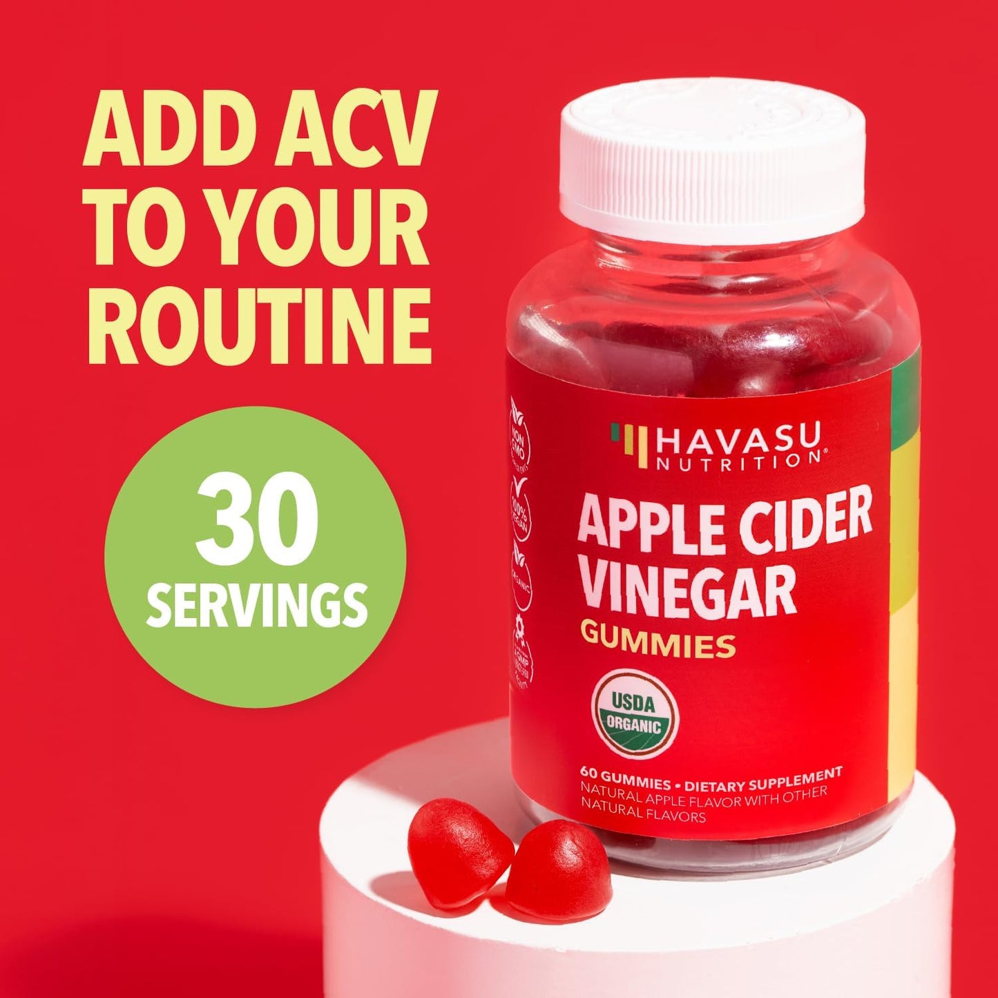 Apple Cider Vinegar Gummies, USDA Organic, Apple Flavor, 1-Month Supply | USDA Organic ACV Gummies for Digestive Health, Metabolism & Gut Support, Vegan, Gluten-Free, No Harsh Taste, 60ct