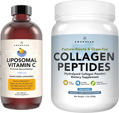 AMANDEAN Premium Liposomal Vitamin C & Bovine Collagen Peptides Bundle. Powerful Antioxidant. Liquid Quali-C. Grass-Fed Collagen. Hydrolyzed Type 1 & 3. Immune Support. Healthy Skin, Hair & Nails