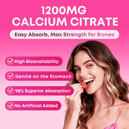 Calcium Gummies for Women, Calcium Citrate 1200mg with Vitamin D3 K2, Collagen & Biotin, B0ne, Teeth, Immune & Hormone Support, Sugar Free, Non-GMO, Gluten-Free, Strawberry Flavor, 90 Count