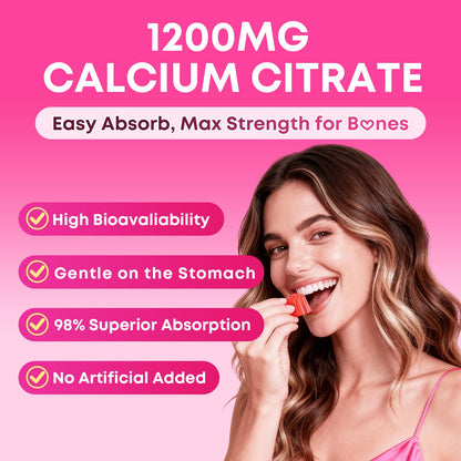 Calcium Gummies for Women, Calcium Citrate 1200mg with Vitamin D3 K2, Collagen & Biotin, B0ne, Teeth, Immune & Hormone Support, Sugar Free, Non-GMO, Gluten-Free, Strawberry Flavor, 90 Count