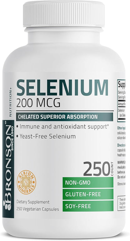 Bronson Selenium 200 mcg Albion Chelated Amino Acid Complex, 250 Capsules | Yeast-Free Essential Trace Mineral, Immune, Prostate & Metabolism Support, Vegetarian, Non-GMO, Gluten-Free & Soy-Free