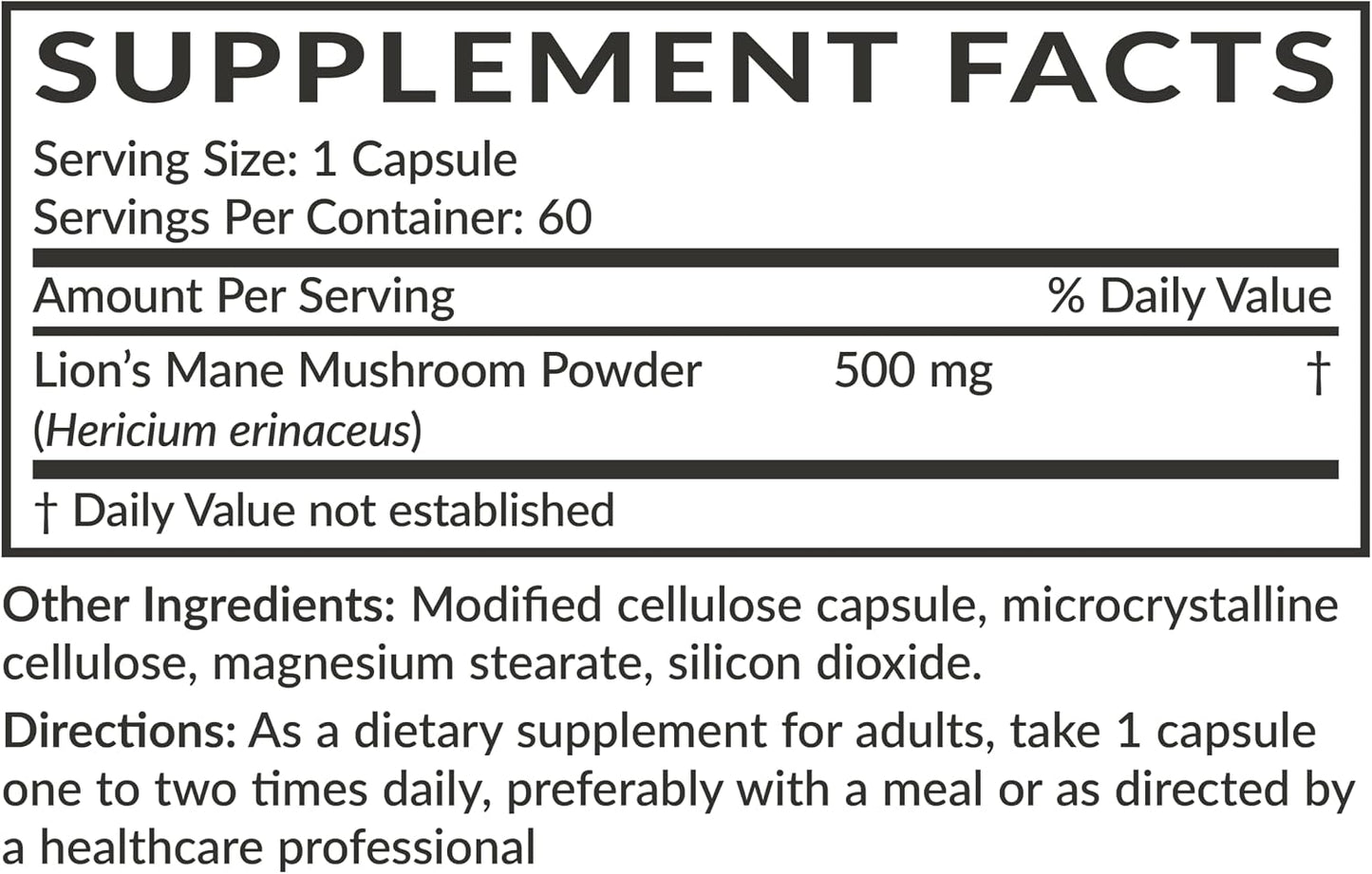 Futurebiotics Lion's Mane Mushroom 500 MG Vegan Friendly Formula, 60 Capsules