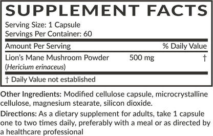 Futurebiotics Lion's Mane Mushroom 500 MG Vegan Friendly Formula, 60 Capsules