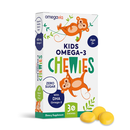 OmegaVia Omega 3 Chewies, Daily DHA Chewable Vitamins for Kids, Omega 3 for Ages 3-12 to Support Brain & Eye Health, Sugar-Free Natural Fruit Flavor, Omega 3 Fish Oil, 30 Individual Packets