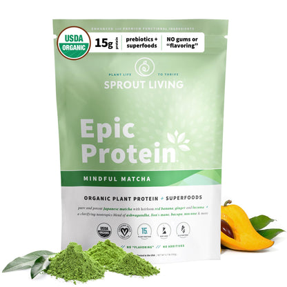 Sprout Living Epic Protein, Plant Based Protein & Superfoods Powder, Vanilla Lucuma Powder | 20 Grams Organic Protein Powder, Vegan, Non Dairy, Non-GMO, Gluten Free, Low Sugar (1 Pound, 12 Servings)