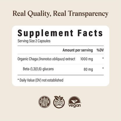 Real Mushrooms Chaga Mushroom Capsules – Organic Chaga Extract Powder with Extract Powder for Wellness & Energy Support– Vegan, Non-GMO, 120 Capsules – Organic Mushroom Supplement