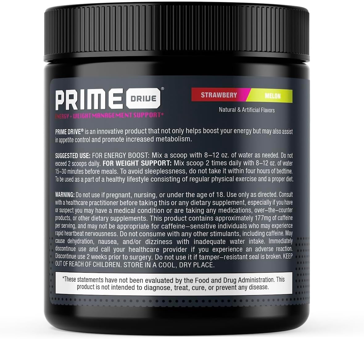 Prime Drive Energy Strawberry Melon Pre Workout Energy Drink Powder, Provides Extreme Energy, Focus and Intensity, Boosts Metabolism 10.2oz (30 Servings)