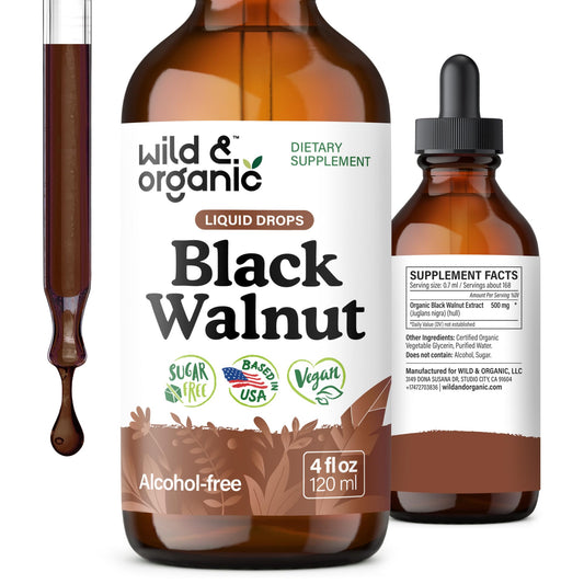 Wild & Organic Black Walnut Hull Tincture - Cleanse & Gut Support - Black Walnut Extract Supplement - Fast Absorption Liquid Drops - Add to Tea & Mix with Powder - Without Alcohol & Sugar - 4 fl oz